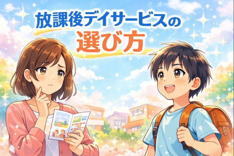 放課後等デイサービスの資料を手に選んでいる親子
