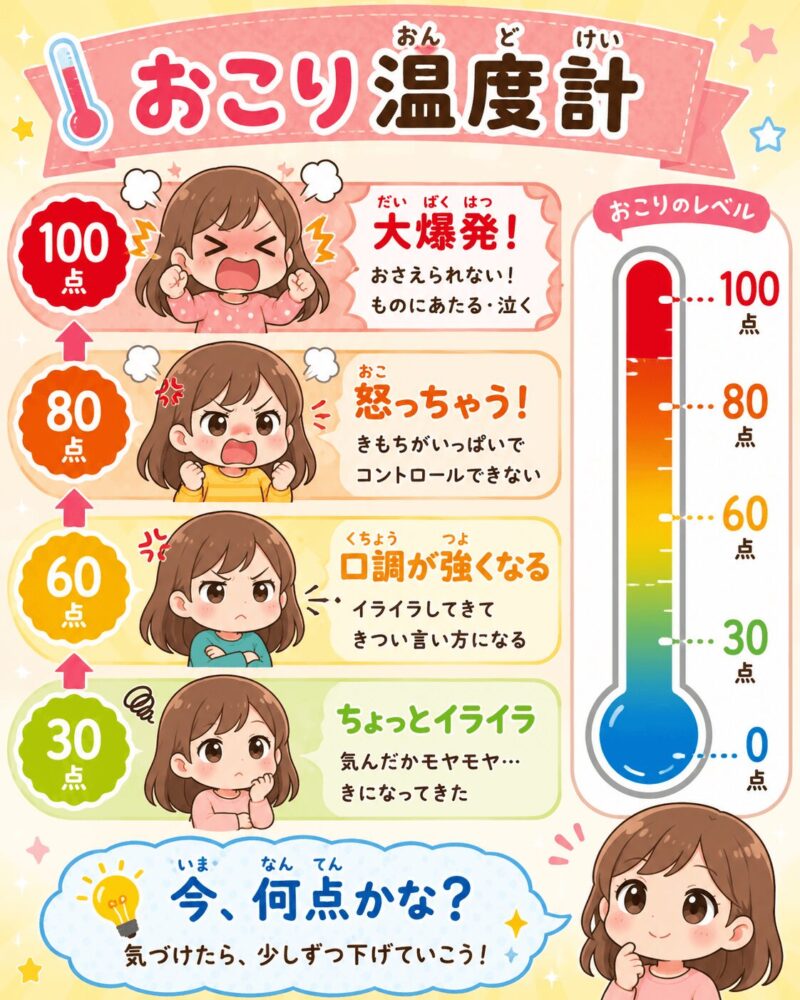 怒りを温度計（数値化した）で表した視覚支援カード（女バージョン）