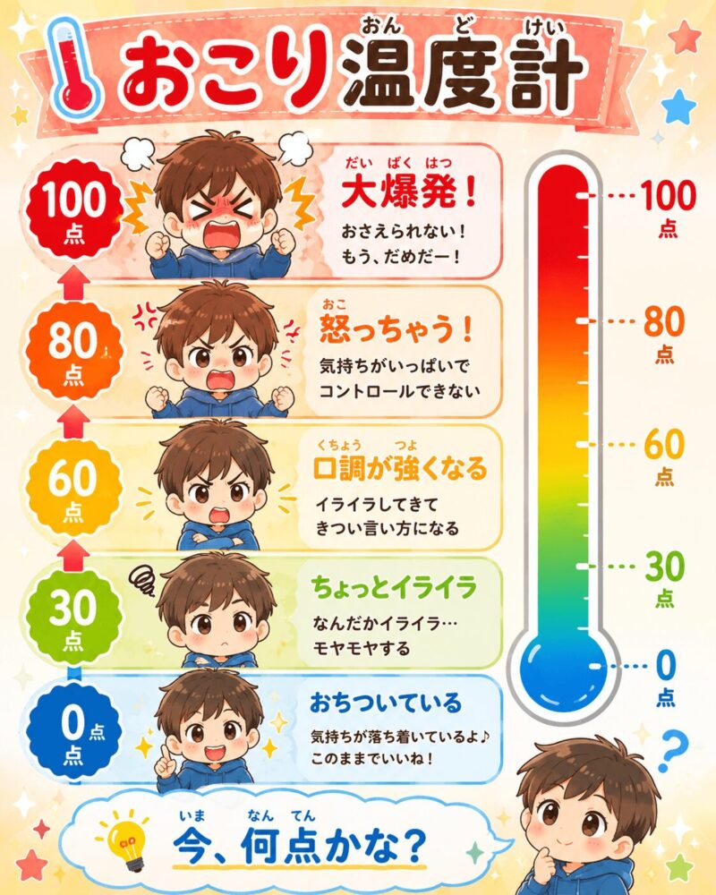 怒りを温度計（数値化した）で表した視覚支援カード（男バージョン）