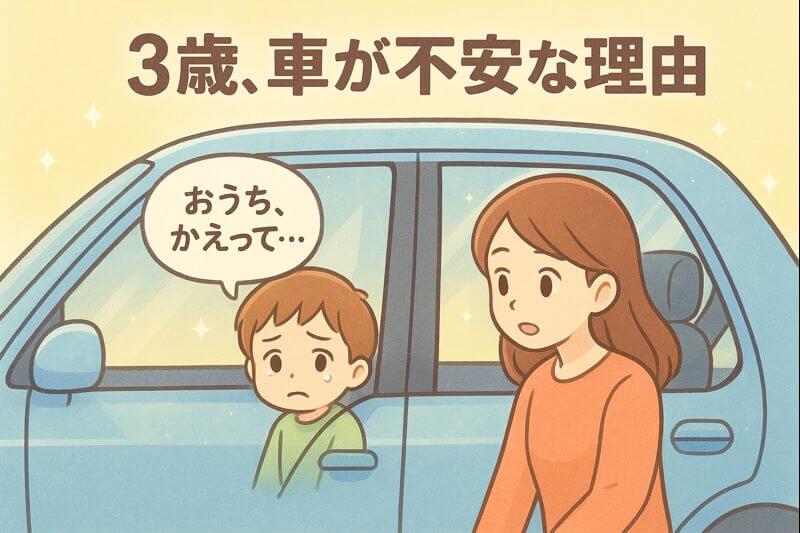 車に不安そうに乗っている子供と声掛けするママ