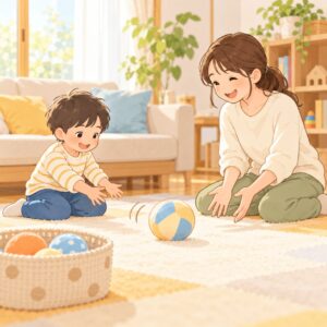 キャッチボールが苦手な子が母親と床でボールを転がして遊ぶイラスト