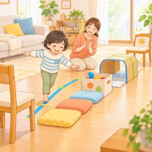家庭でサーキット遊びに取り組む子どもと見守る母親のイラスト