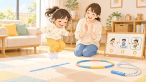 なわとびが苦手な子がジャンプから段階的に練習する親子のイラスト