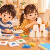 年長の男の子と女の子が100均グッズで室内遊びを楽しむイラスト