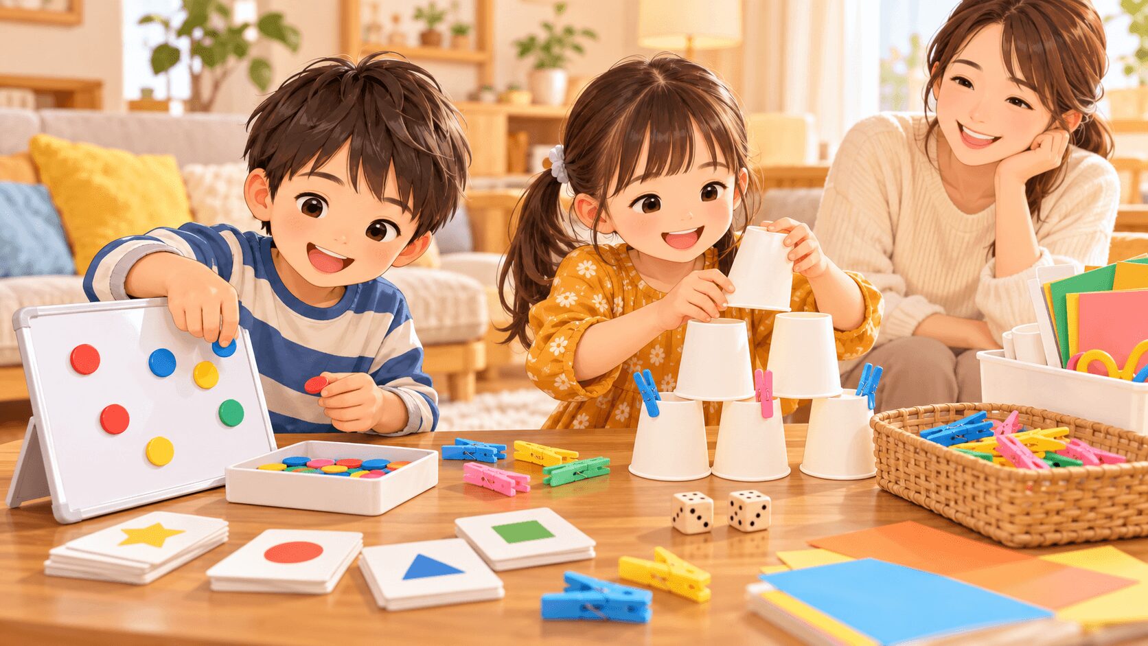 年長の男の子と女の子が100均グッズで室内遊びを楽しむイラスト