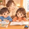 年長の男の子と女の子が冬休みに親子で就学準備をするイラスト