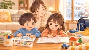 年長の男の子と女の子が冬休みに親子で就学準備をするイラスト