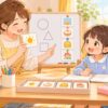 就学準備として家庭で学校ごっこをしながら自己紹介や発言を練習する親子のイラスト