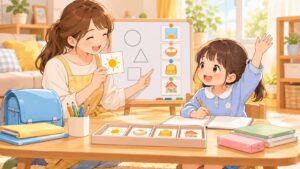 就学準備として家庭で学校ごっこをしながら自己紹介や発言を練習する親子のイラスト