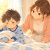 寝起きが悪く癇癪を起こす5歳の子どもを母親が見守るイラスト