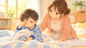 寝起きが悪く癇癪を起こす5歳の子どもを母親が見守るイラスト