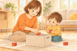 積み木を箱に入れる見本を見せる母親と、手元を見る子ども