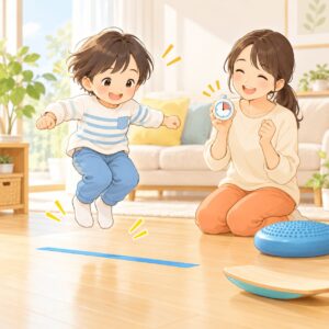 就学準備として家庭でジャンプとバランス練習をする子どもと母親のイラスト