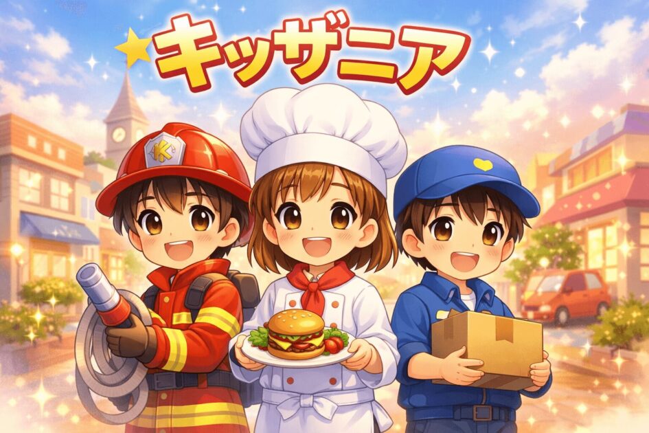 キッザニアでシェフ、消防士、配達員の制服をきた子ども