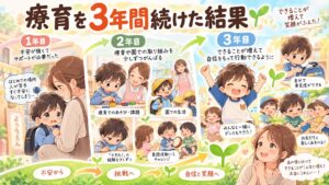 療育を3年間続けた結果、年少から年長までの子どもの成長を時系列で振り返るイラスト
