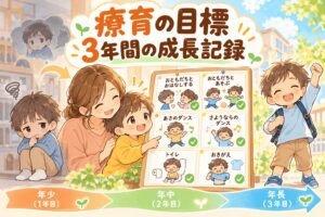 療育の目標を年少から年長まで3年間続けた成長記録のイラスト