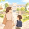普通級と支援級で迷いながら小学校前の分かれ道に立つ親子のイラスト