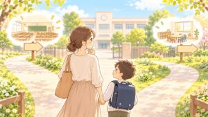 普通級と支援級で迷いながら小学校前の分かれ道に立つ親子のイラスト