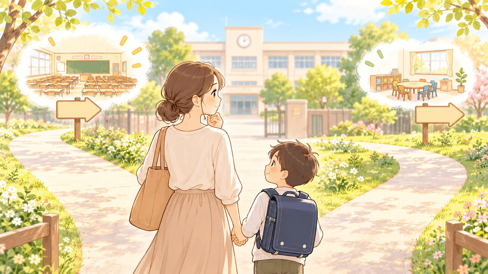 普通級と支援級で迷いながら小学校前の分かれ道に立つ親子のイラスト