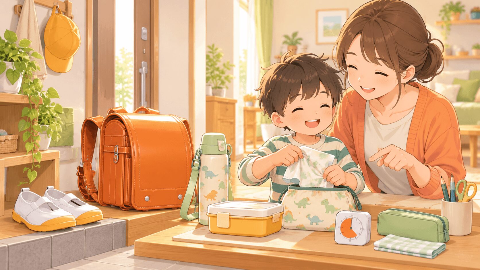 支援級や小1の学校生活で使いやすい道具を親子で確認するイラスト