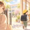 支援級に入学して1週間、安心と不安を感じながら子どもを見守る母のイラスト