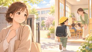 支援級に入学して1週間、安心と不安を感じながら子どもを見守る母のイラスト