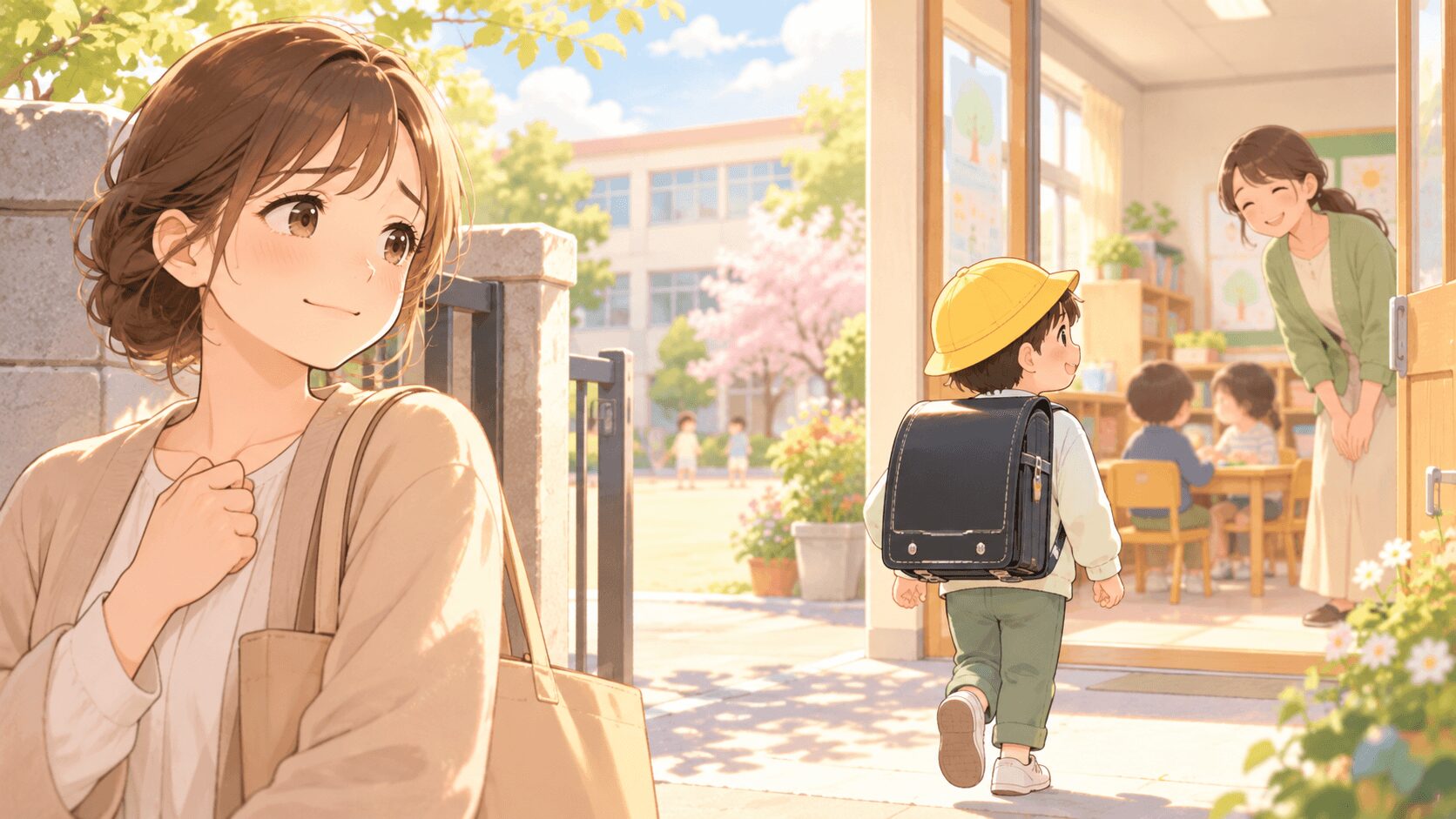 支援級に入学して1週間、安心と不安を感じながら子どもを見守る母のイラスト