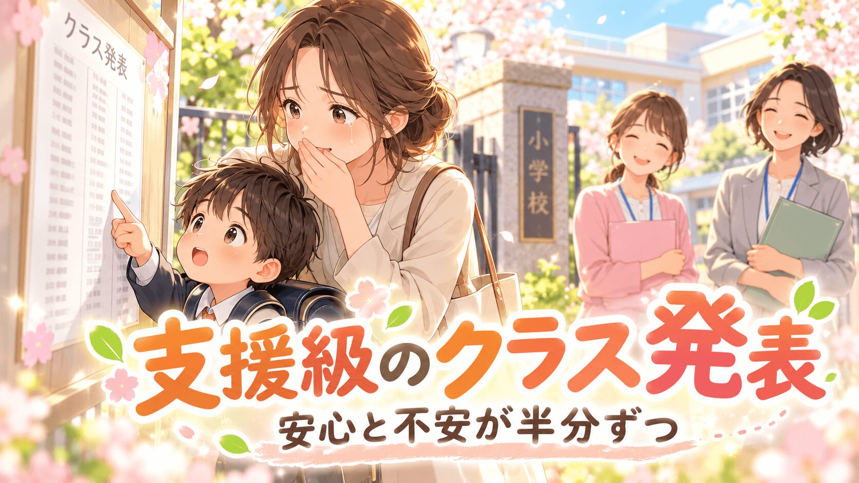 支援級のクラス発表を見て安心と不安が半分ずつの母と新一年生のイラスト