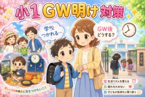 小学校の前で立ち止まる親子