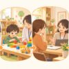 発達クリニックで初診から発達検査、保護者面談、結果説明まで4回通う流れを表したイラスト