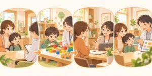 発達クリニックで初診から発達検査、保護者面談、結果説明まで4回通う流れを表したイラスト