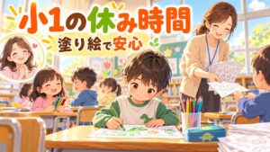 小1の休み時間に塗り絵をして安心して過ごす新一年生のイラスト