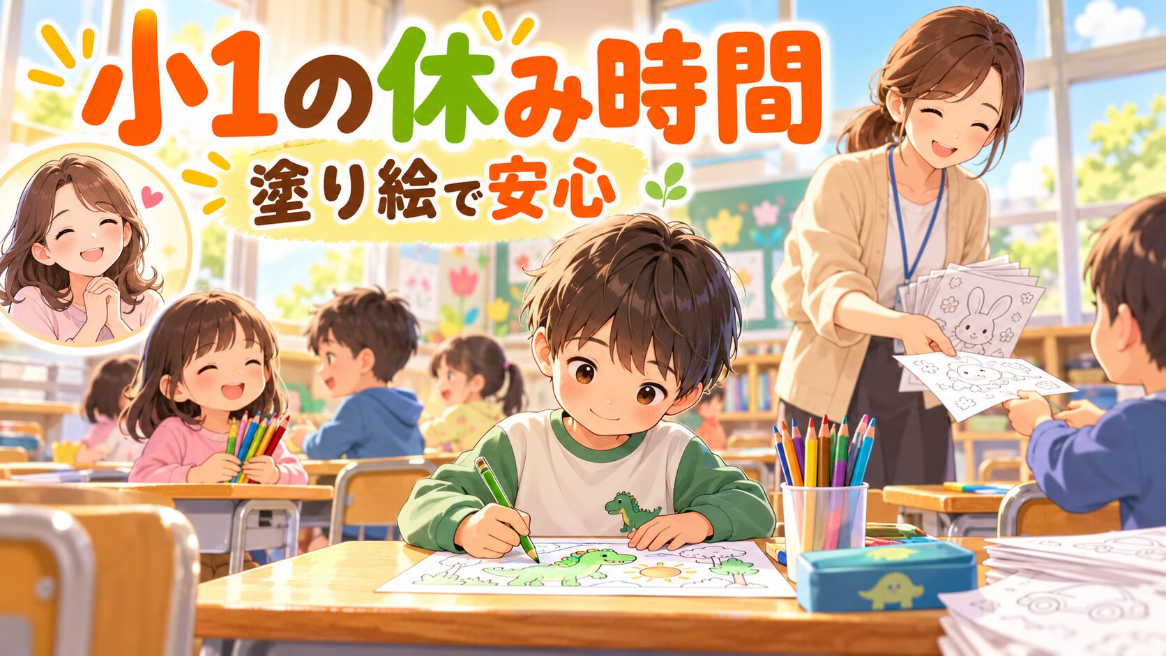 小1の休み時間に塗り絵をして安心して過ごす新一年生のイラスト