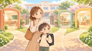 普通級・通級・支援級の選択肢で悩む親子のイラスト