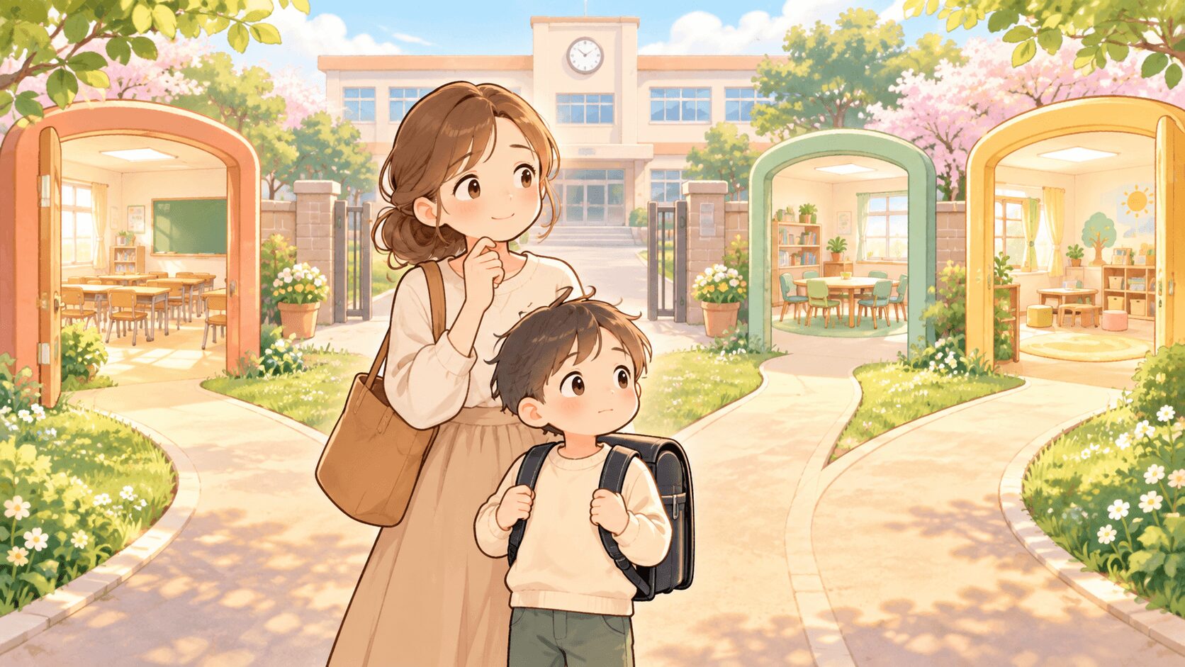 普通級・通級・支援級の選択肢で悩む親子のイラスト