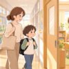 通常級からことばの教室へ向かう親子と先生のイラスト