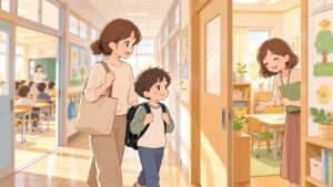 通常級からことばの教室へ向かう親子と先生のイラスト