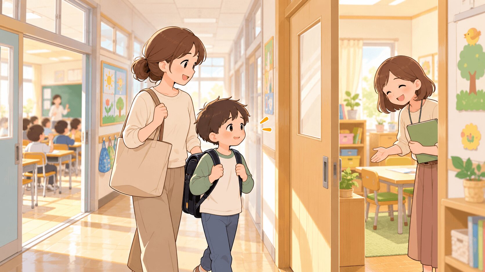 通常級からことばの教室へ向かう親子と先生のイラスト