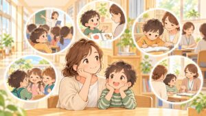 通級指導教室を考える5つのパターンを親子で整理しているイラスト