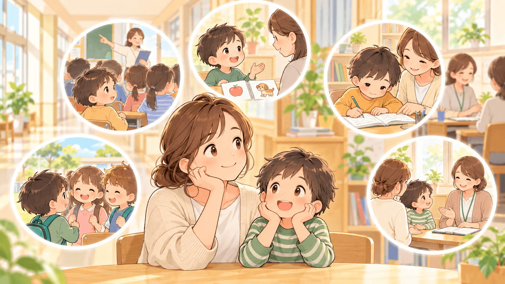 通級指導教室を考える5つのパターンを親子で整理しているイラスト