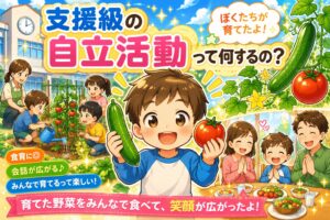 支援級できゅうりとトマトを育てて食べる様子