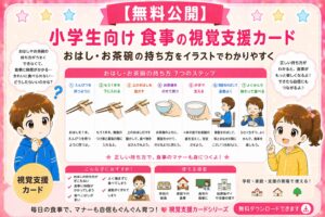 小学生向けの食事の視覚支援カード（お箸・お茶碗の持ち方）
