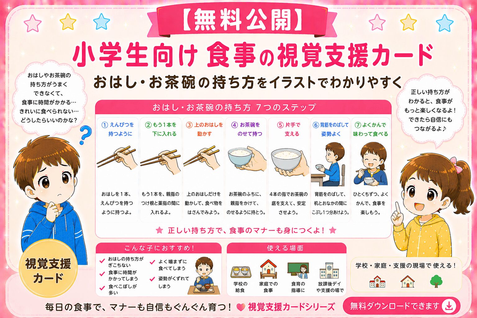 小学生向けの食事の視覚支援カード（お箸・お茶碗の持ち方）