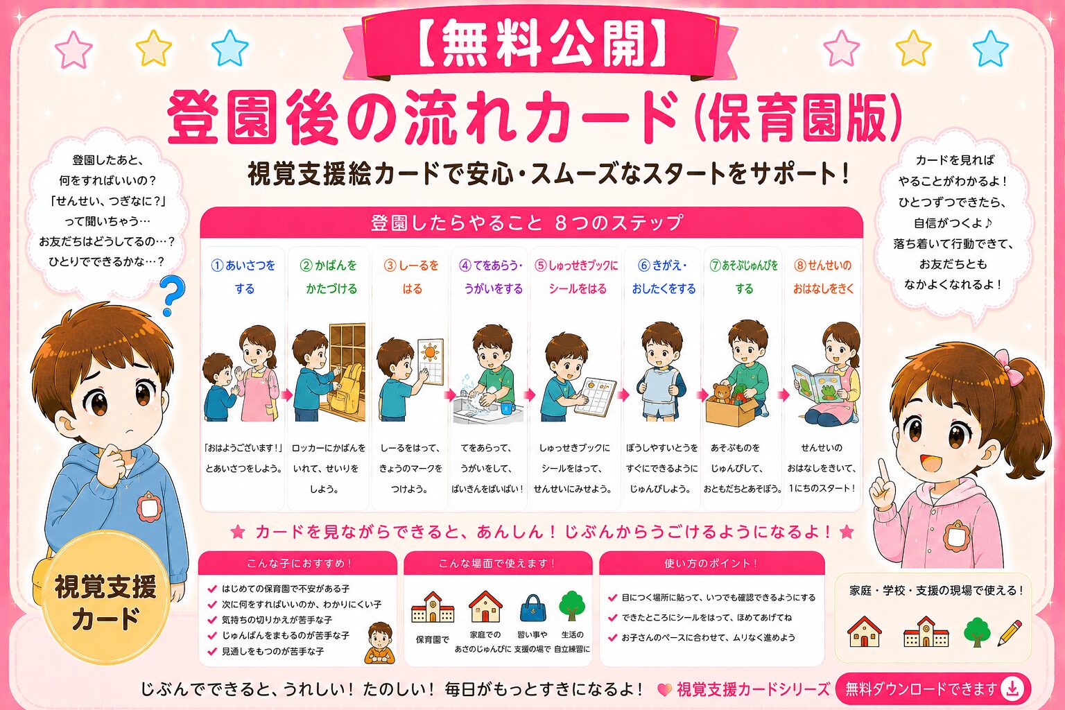 登園後の流れ手順（保育園版）視覚支援カード