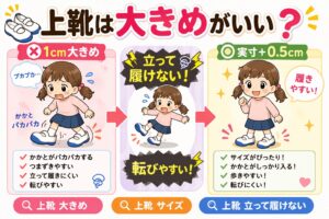 大きめの上靴（＋１㎝ ）を履いた子どもと（＋０．５㎝）を履いた子ども