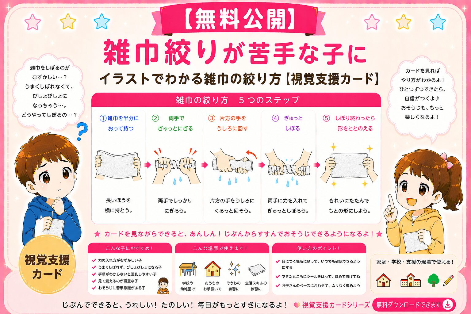 雑巾絞りが苦手な方向け　雑巾の絞り方　視覚支援カード