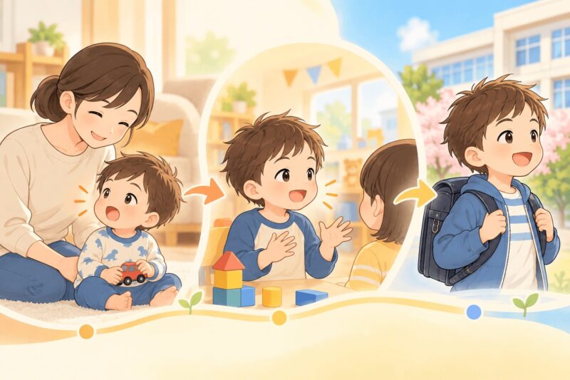 幼児吃音が2歳半から小1まで変化していく男の子の経過イラスト