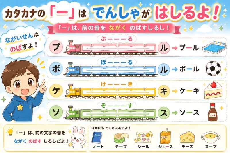 カタカナの長音「ー」が書けない子に視覚支援カード（ながくのばして読むカード）