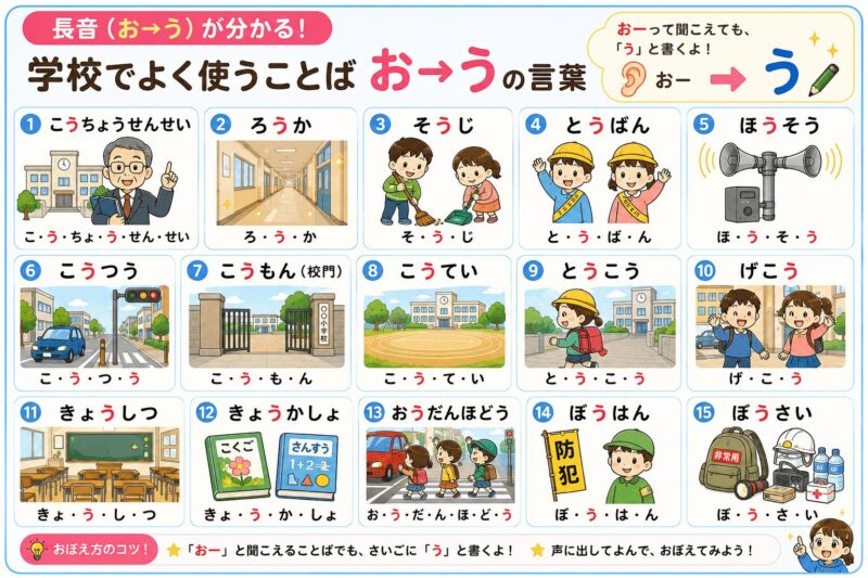長音（お⇒う）伸ばす音　学校編　視覚支援カード