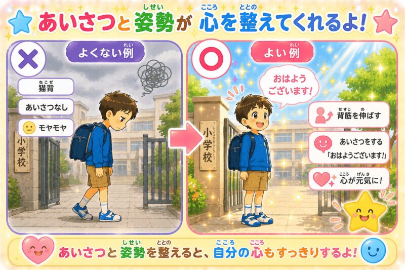 あいさつと姿勢が心を整えてくれるよ視覚支援カード